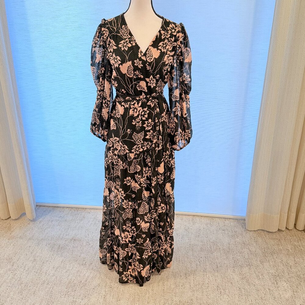 Elan Blush & Olive Floral Maxi Dress Long Sleeve Wrap Style Size L